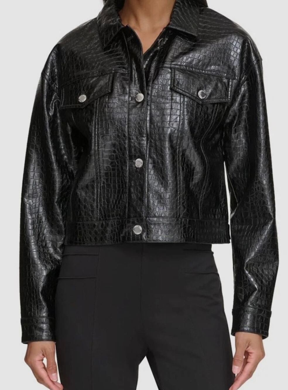 Calvin Klein Croc-Embossed Cropped Trucker Jacket Sz 10